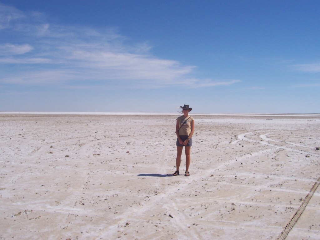 The writer at Lake Eyre, Oodnadatta Track salt flat in the Australian outback