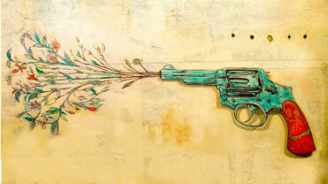 Painting of a hand gun shooting flowers by Sir Tom Foolery titled Kill 'em With Kindness